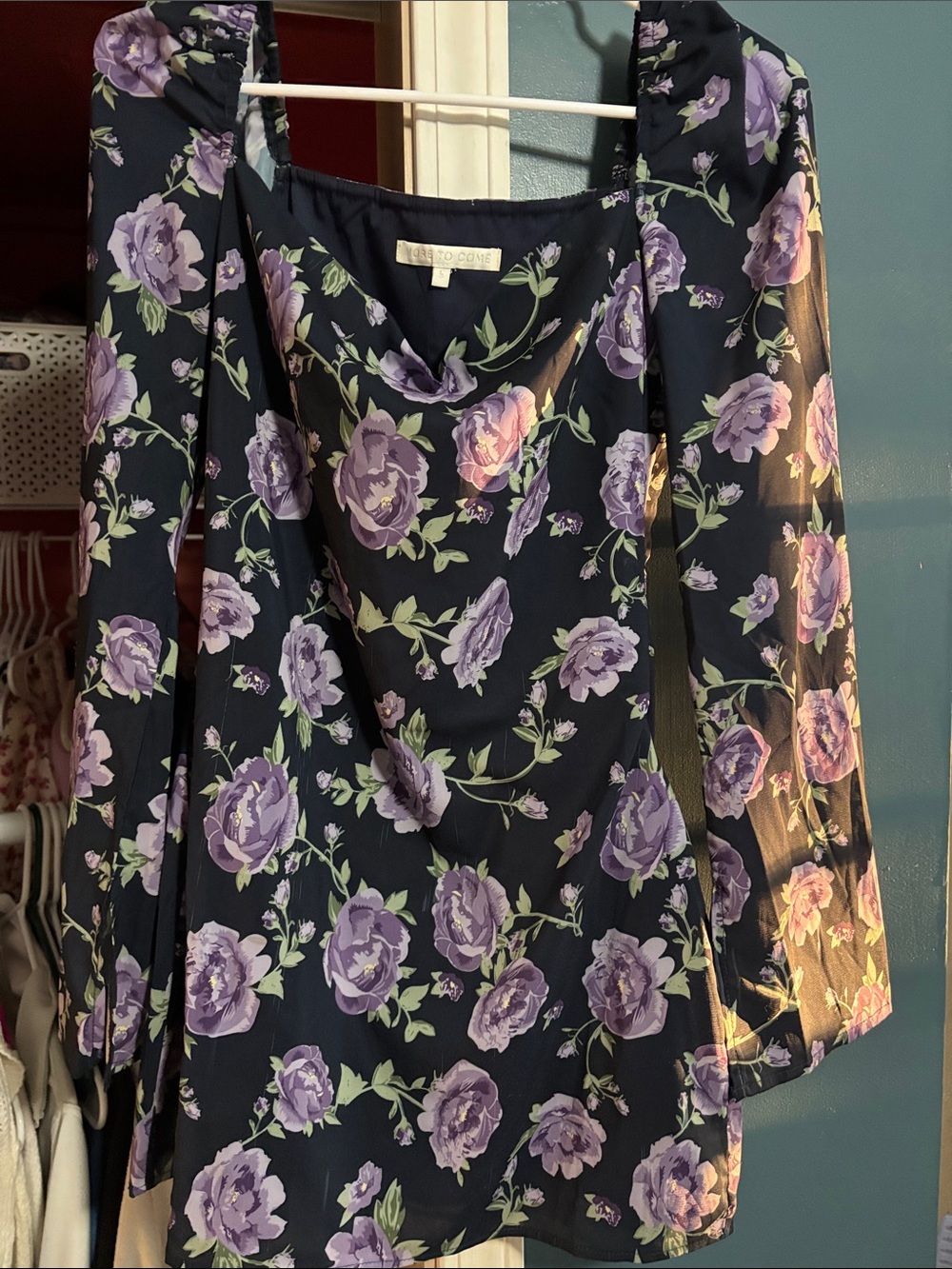 More To Come Floral Mini Dress in Navy with Purple Roses